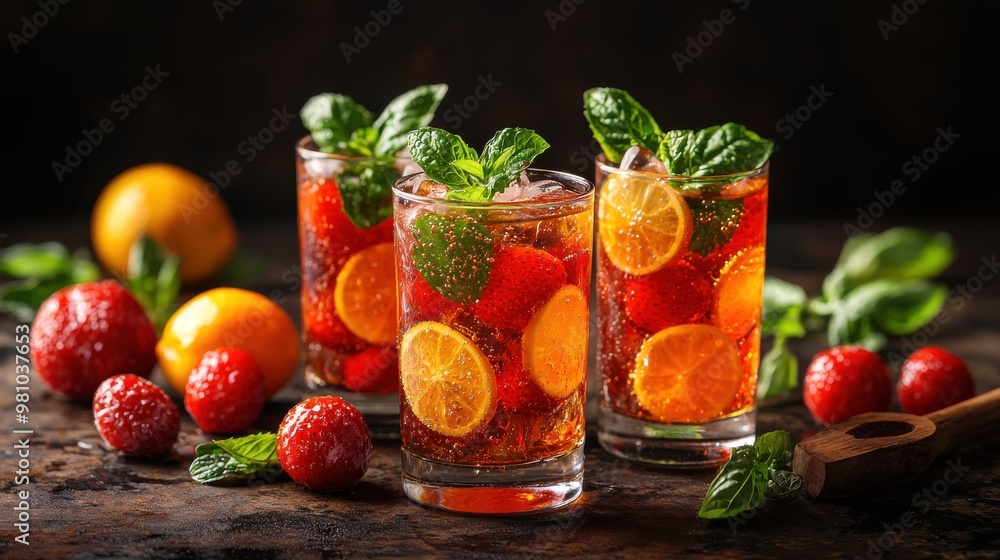 Refreshing fruit mocktails with strawberries and citrus garnished with mint leaves on a dark surface Refreshing fruit mocktails with strawberries and citrus garnished with mint leaves on a dark surface