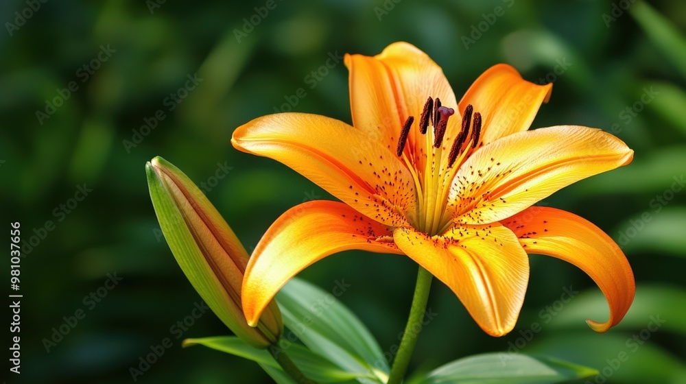 Obraz premium Orange Lily. Large Single Flower in Vibrant Orange Color with Green Leaves
