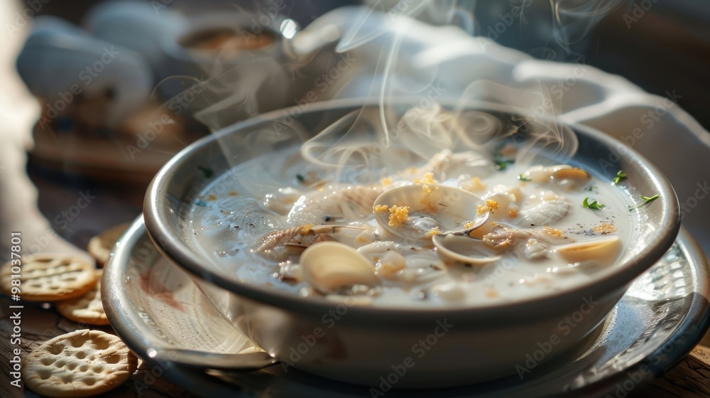 Steaming bowl of clam chowder with oyster crackers. Steaming bowl of clam chowder with oyster crackers.