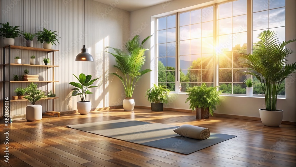 Serenely lit apartment interior featuring yoga mat, plants, and minimalist decor, evoking a sense of calmness, self-awareness, and inner balance, promoting mental well-being. Serenely lit apartment interior featuring yoga mat, plants, and minimalist decor, evoking a sense of calmness, self-awareness, and inner balance, promoting mental well-being.