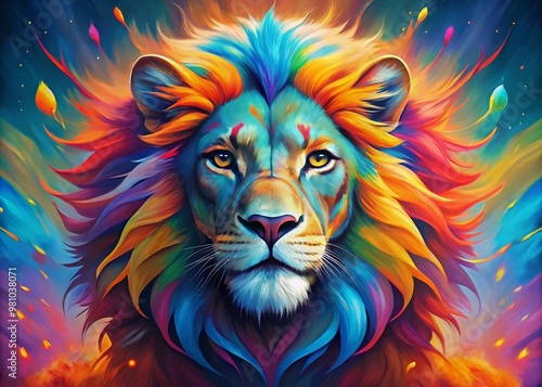 Vibrant, graphic illustration of a courageous lion's head bursting forth from a cracked, monochromatic landscape, photo