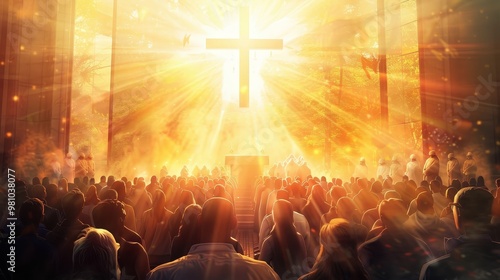 Easter service with a choir singing hymns, the congregation joining in joyous celebration of Jesus' resurrection.