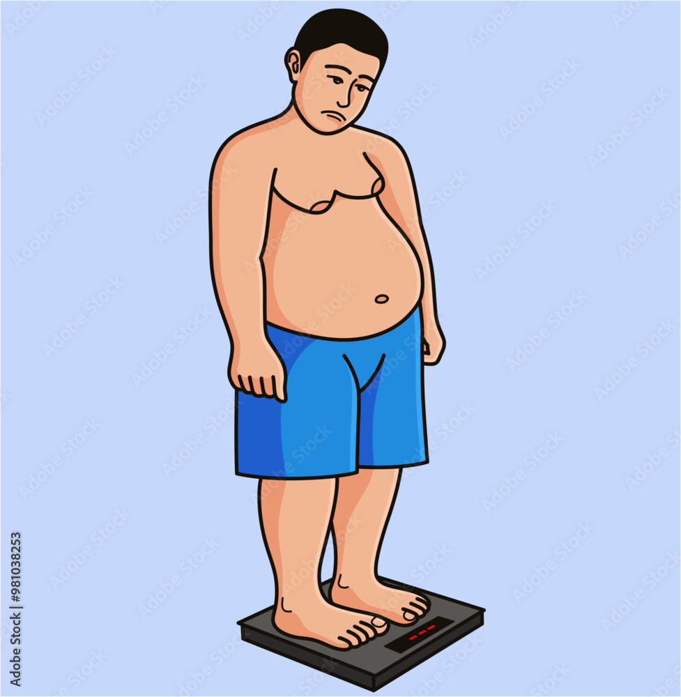 Fototapeta premium Fat man sad about his very high weight, worried about his health, having difficulty finding suitable clothes, not confident about his appearance