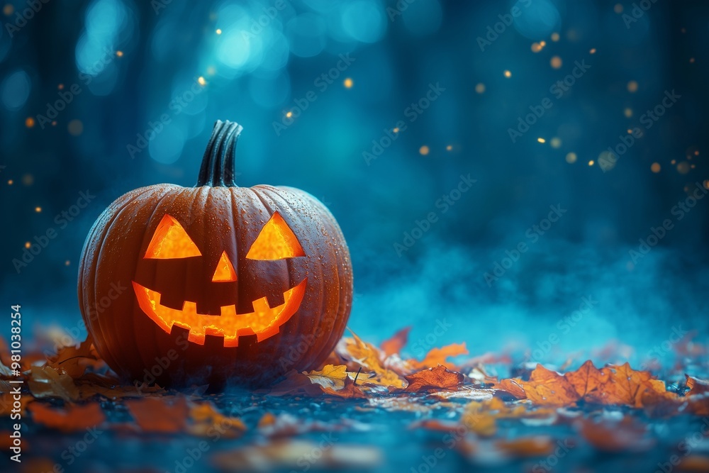 Orange jack-o-lantern pumpkin with bright blue color backgroung for festive Halloween party Orange jack-o-lantern pumpkin with bright blue color backgroung for festive Halloween party
