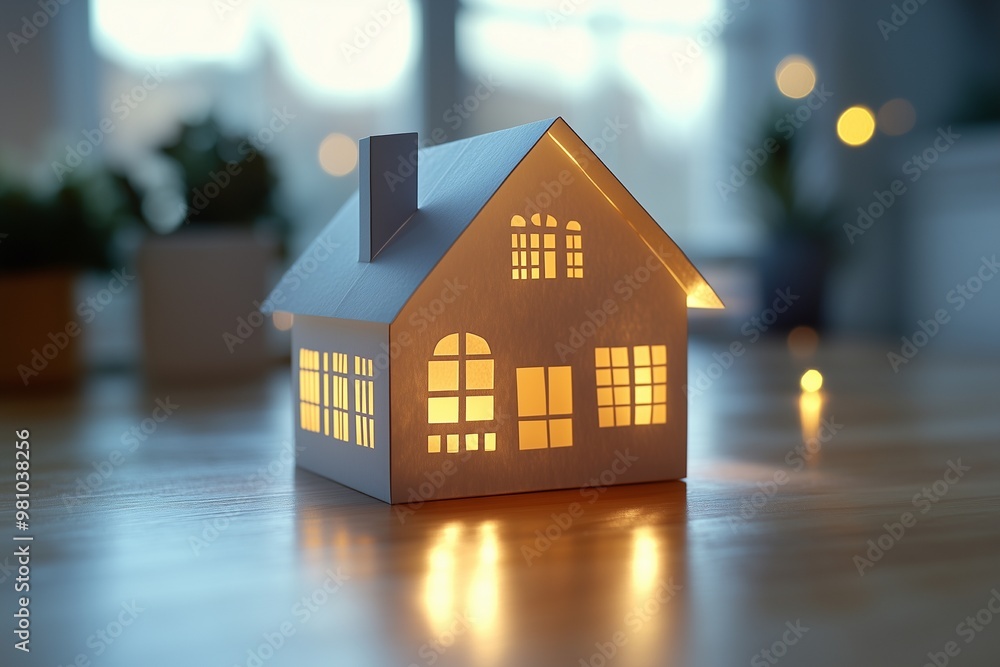 House made out of white paper cutout with soft warm lighting and copy space House made out of white paper cutout with soft warm lighting and copy space