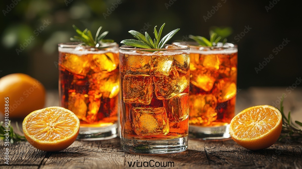 Refreshing orange beverages with ice and rosemary garnishes set against a rustic background in warm lighting during a summer afternoon Refreshing orange beverages with ice and rosemary garnishes set against a rustic background in warm lighting during a summer afternoon