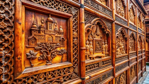 Vibrant, intricately carved wooden panels adorn ancient city walls, showcasing ornate designs and symbolic motifs, photo