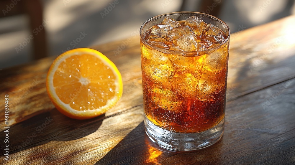 Refreshing iced beverage served in a clear glass accompanied by a fresh orange slice on a wooden table Refreshing iced beverage served in a clear glass accompanied by a fresh orange slice on a wooden table