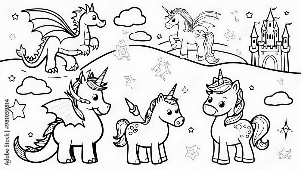 Each page presents a unique scene, from a unicorn prancing under a rainbow to a dragon playing with a butterfly, ensuring hours of coloring entertainment. Each page presents a unique scene, from a unicorn prancing under a rainbow to a dragon playing with a butterfly, ensuring hours of coloring entertainment.
