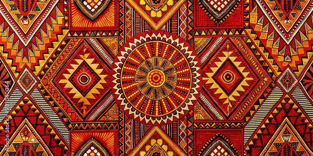 Vibrant, intricately patterned tongored textile fabric with orange, yellow, and pink hues, showcasing African-inspired Vibrant, intricately patterned tongored textile fabric with orange, yellow, and pink hues, showcasing African-inspired