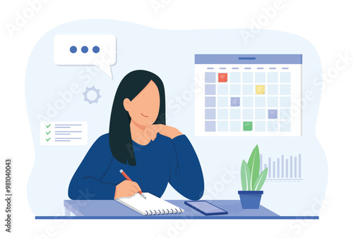 Woman working in office. Business and organization concept. Woman with smartphone using scheduling app. Vector illustration.