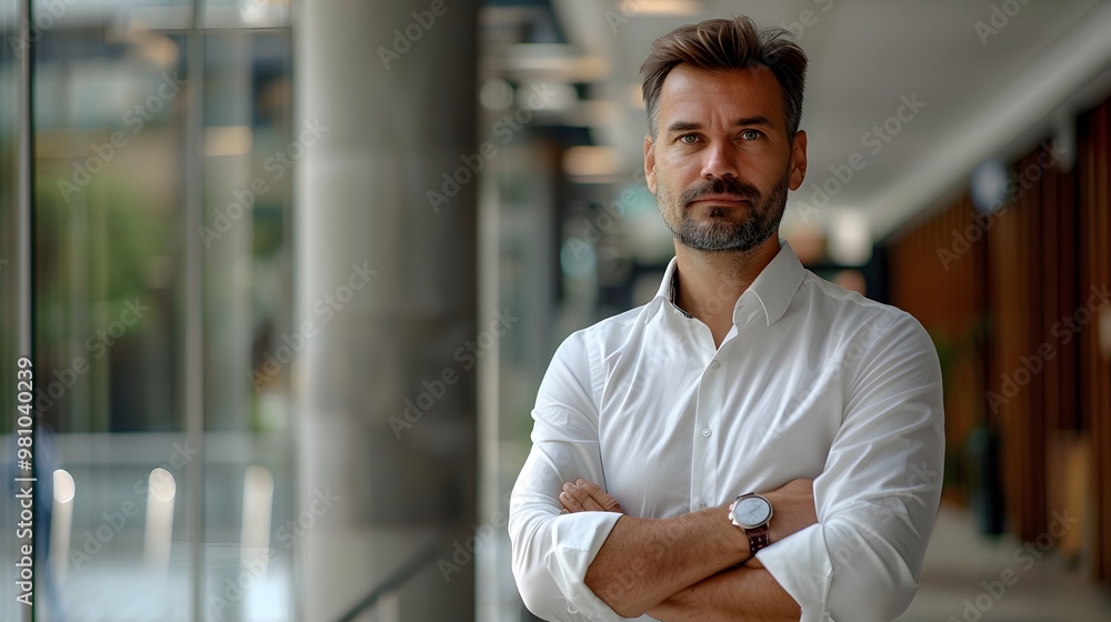 Confident Businessman Standing with Arms Crossed: Professionalism and Leadership in Focus Confident Businessman Standing with Arms Crossed: Professionalism and Leadership in Focus