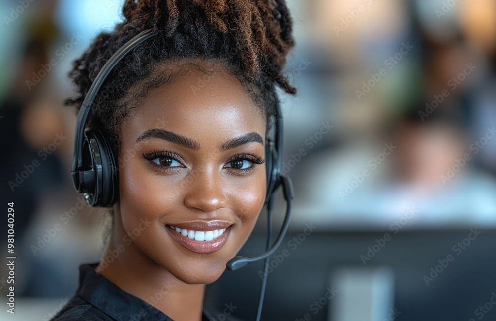 Smiling Black woman call center worker wearing a headset, working on a computer, communicating Smiling Black woman call center worker wearing a headset, working on a computer, communicating