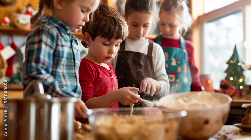 Little cute children are carefully adding flour to a bowl while baking in the kitchen with the christmas tree lit up in the background. New year holiday Little cute children are carefully adding flour to a bowl while baking in the kitchen with the christmas tree lit up in the background. New year holiday