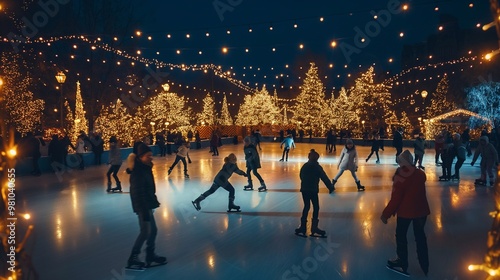 Families and friends gather at the outdoor skating rink to celebrate Christmas, skating on the ice by twinkling lights, memories of togetherness and fun on a festive winter night. gliding on ice