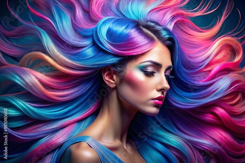 Vibrant, neon-colored hair strands with heterochromia-inspired swirling patterns, blending electric blue, pink, and photo