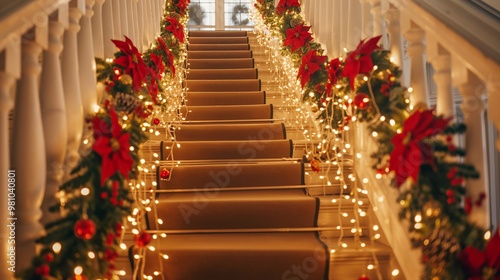 Staircase is decorated for christmas and new year with twinkling lights, garland, and poinsettias creating a warm and inviting atmosphere for the holidays at home. Festive interior