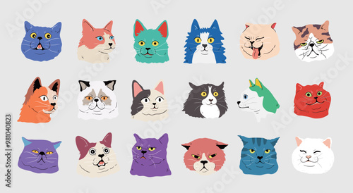 Whimsical Collection of Colorful Cartoon Cats with Diverse Expressions,Cat face head set ,cat breeds portraits collection