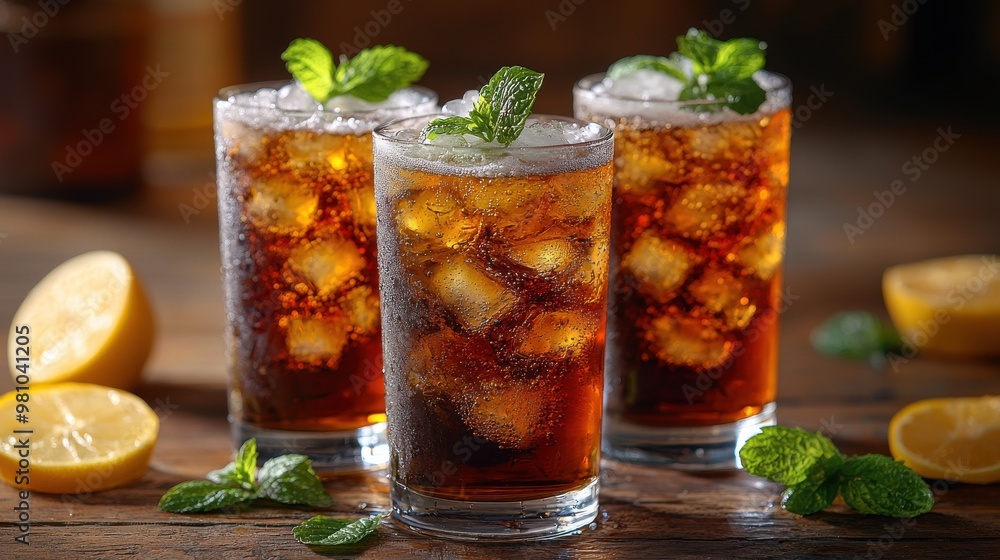 Refreshing iced beverages served in glasses with mint and lemon slices on a rustic wooden table during a sunny afternoon Refreshing iced beverages served in glasses with mint and lemon slices on a rustic wooden table during a sunny afternoon