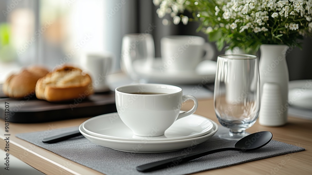A dining table set with plates, cutlery and glasses on the gray woven linen place mat A dining table set with plates, cutlery and glasses on the gray woven linen place mat