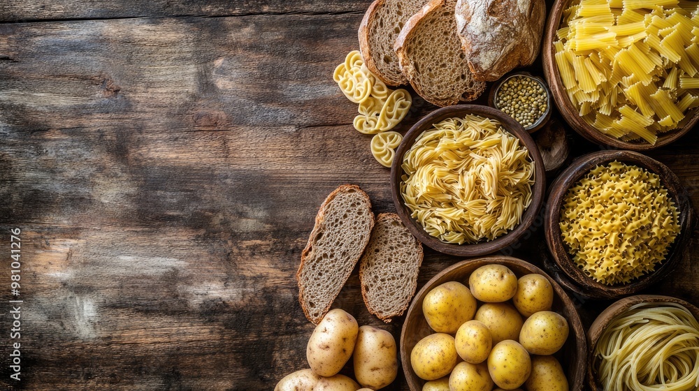 An assortment of carbohydrate-rich foods like potatoes, pasta, and bread on a rustic table, with text space above. An assortment of carbohydrate-rich foods like potatoes, pasta, and bread on a rustic table, with text space above.