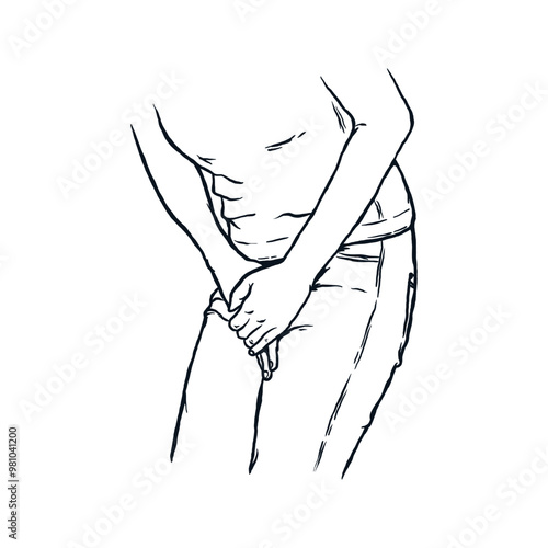 Vaginal urinary incontinence, woman hand holding crotch suffering from pain, hand drawn line sketch vector illustration