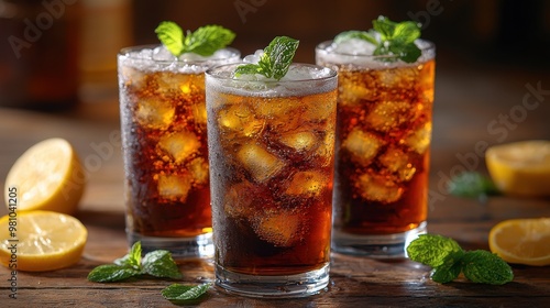 Refreshing iced beverages served in glasses with mint and lemon slices on a rustic wooden table during a sunny afternoon