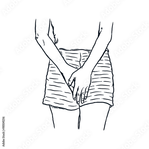 Vaginal urinary incontinence, woman hand holding crotch suffering from pain, hand drawn line sketch vector illustration