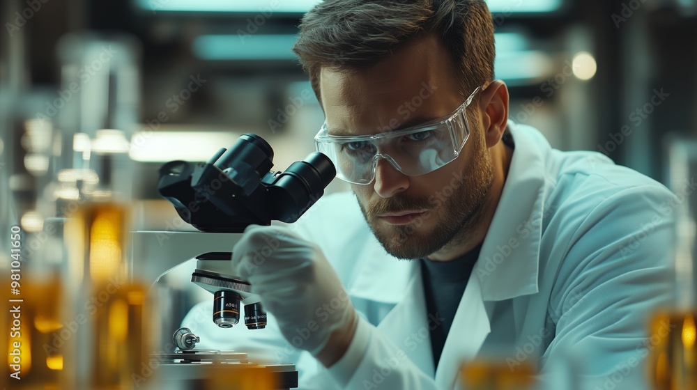 A scientist in a lab coat using a microscope to study cells under glassware, with a laboratory background A scientist in a lab coat using a microscope to study cells under glassware, with a laboratory background