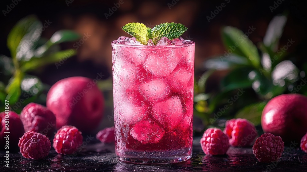 Refreshing raspberry drink with mint served in a glass accompanied by fresh raspberries and apples on a dark background Refreshing raspberry drink with mint served in a glass accompanied by fresh raspberries and apples on a dark background