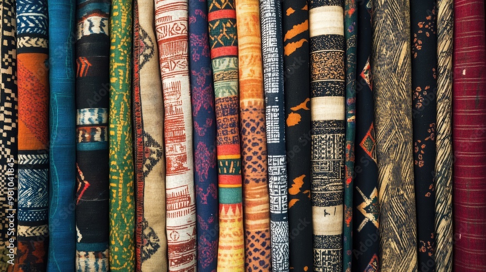 An assortment of fabric strips, each with different tribal and geometric patterns, displayed side by side. An assortment of fabric strips, each with different tribal and geometric patterns, displayed side by side.
