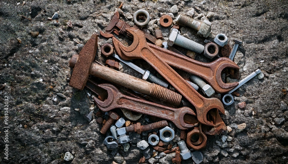 A set of large, rusted industrial tools—wrenches, hammers, and bolts—scattered on a rough, grey stone gravel surface. A set of large, rusted industrial tools—wrenches, hammers, and bolts—scattered on a rough, grey stone gravel surface.