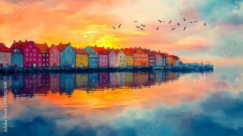 Serene seaside village at dawn with vibrant houses reflecting perfectly in the tranquil water, soft morning light illuminating the scene, watercolor style