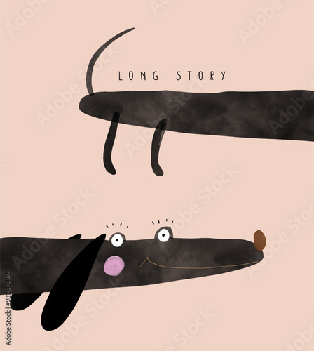 Long Story. Cute Hand Draw Dachshund. Happy Black Dog on a Blush Pink Background. Infantile Drawing Style Print for Dogs Lovers. Kids' Room Decoration. Nursery Vector Art with Funny Dachshund Puppy.