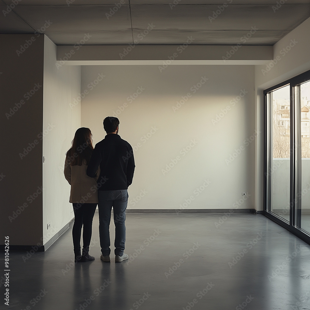 Young couple viewing an apartment for rent, standing in an empty room Young couple viewing an apartment for rent, standing in an empty room