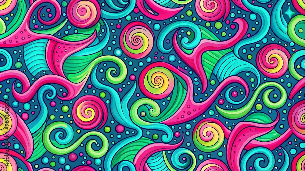 Vibrant, swirly patterns of neon pink, green, and blue hues collide in a retro-inspired design, evoking nostalgia for Vibrant, swirly patterns of neon pink, green, and blue hues collide in a retro-inspired design, evoking nostalgia for