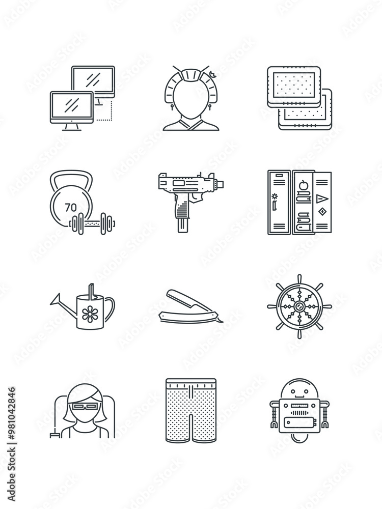 Refrigerator, Robot, Shorts, Steering, Straight, set of icons for web design, vector illustration