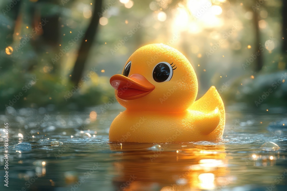whimsical scene of a giant rubber duck floating serenely in a tranquil lake surrounded by lush forest and reflecting golden sunlight whimsical scene of a giant rubber duck floating serenely in a tranquil lake surrounded by lush forest and reflecting golden sunlight