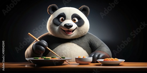 Kung Fu Panda eating sushi with chopsticks on black background, modern aesthetic , kung fu panda, sushi