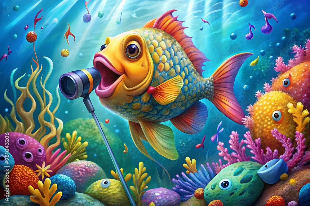 Vibrant, whimsical illustration of a colorful fish with a microphone, surrounded by musical notes and seaweed, belting Vibrant, whimsical illustration of a colorful fish with a microphone, surrounded by musical notes and seaweed, belting