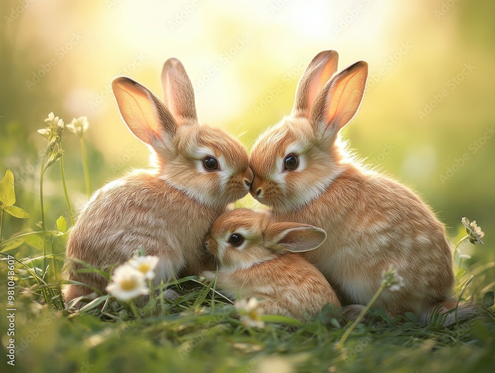 Three adorable rabbits cuddling in a lush green pasture, capturing the essence of warmth and friendship in nature. Three adorable rabbits cuddling in a lush green pasture, capturing the essence of warmth and friendship in nature.