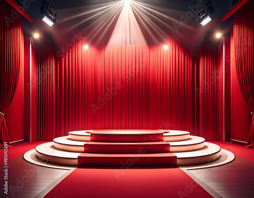  Cinema podium and stage spotlight – A red stage setup with spotlights, ready for movie _1(77) photo