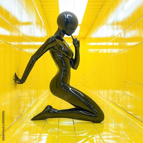 Sleek futuristic black mannequin kneeling in yellow hall photo