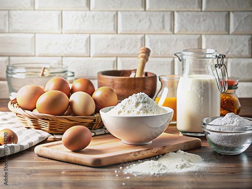 Neatly arranged baking essentials - flour, eggs, and sugar - on a clean kitchen counter, surrounded by ample empty space for text or design additions. photo