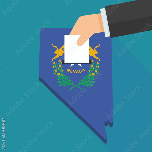 A hand drops a ballot in the 3D Nevada map with the colors of the Nevada state flag on a blue background in a flat design style