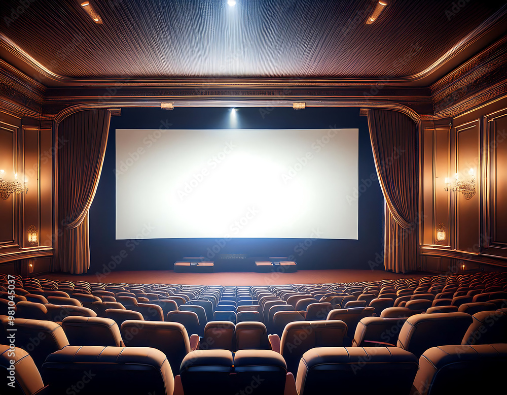 Fototapeta premium Cinema screen interior – A digitally created cinema interior with a white screen, symbolizi_1(78)
