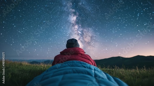 Camper in a sleeping bag, gazing at the Milky Way, camping stargazing, peaceful under the stars