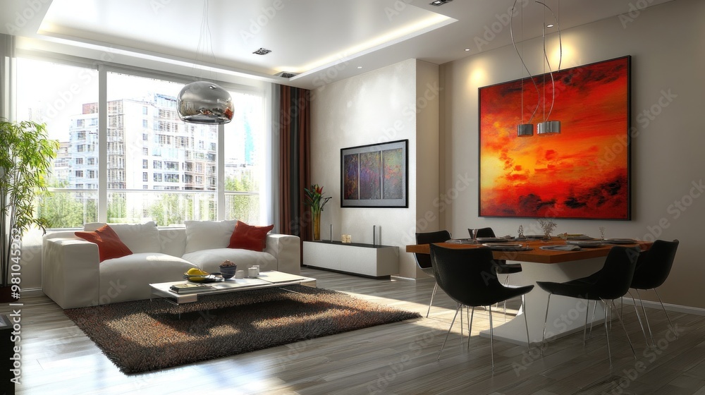 Modern Interior Design with Sunset Painting Modern Interior Design with Sunset Painting