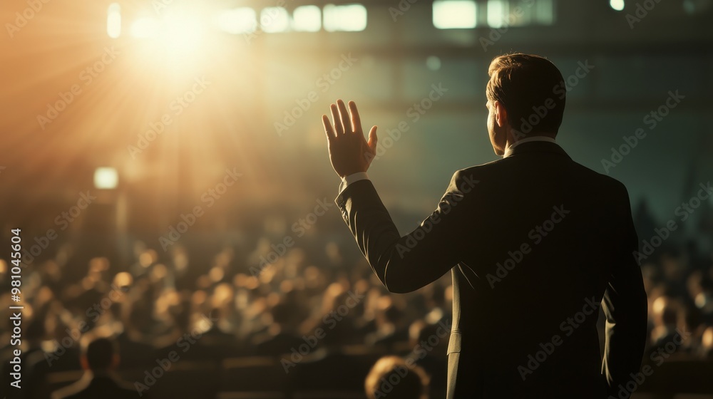 Fototapeta premium A businessman raising his hand to ask questions during a business event, with a group of people sitting in the conference hall and watching him from the back.