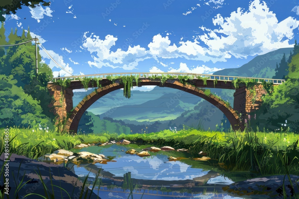 Fototapeta premium Rustic stone bridge over a river in countryside. Digital landscape illustration for design and print.